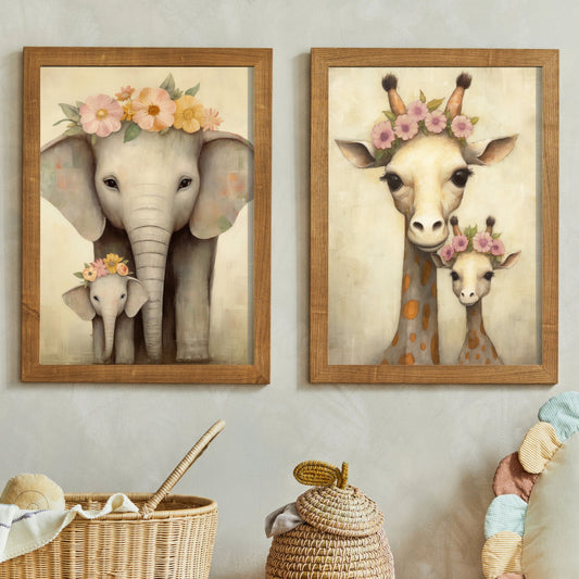 Safari Animals Nursery Wall Art,  Vintage Elephant and Giraffe Decor, Printable digital art, Cute Nursery Animals, Mother and baby, Set of 2