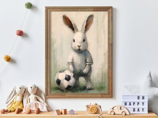 Bunny nursery decor, Baby rabbit football player vintage art, Printable digital wall art, Sports, Kids room, Woodland animals, Cute