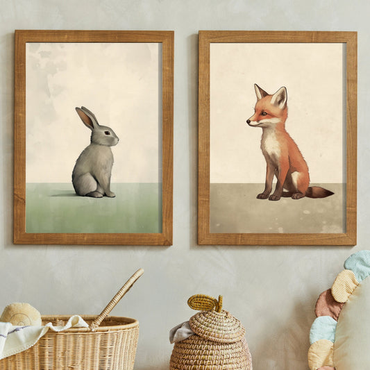 Vintage Minimalist Nursery Wall Art, Forest Animals, Bunny & Baby Fox Kit, Set of 2, Gender Neutral DIGITAL Kids Room or Bedroom Decor