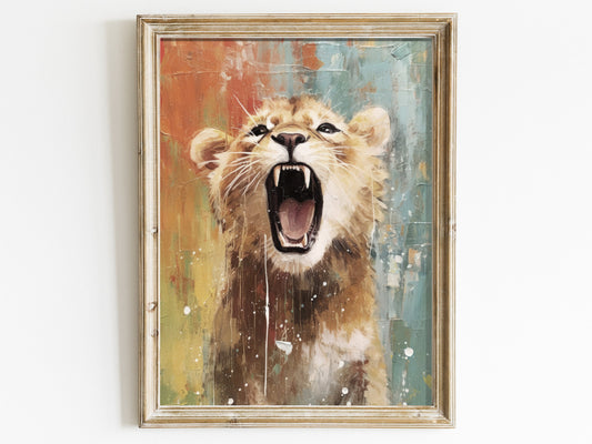 Baby Lion Nursery Wall Art, Cute Animal Kids Room Decor, Safari Animals Nursery, Roaring Lion Print, Vintage Animal Art, DIGITAL Rustic Art