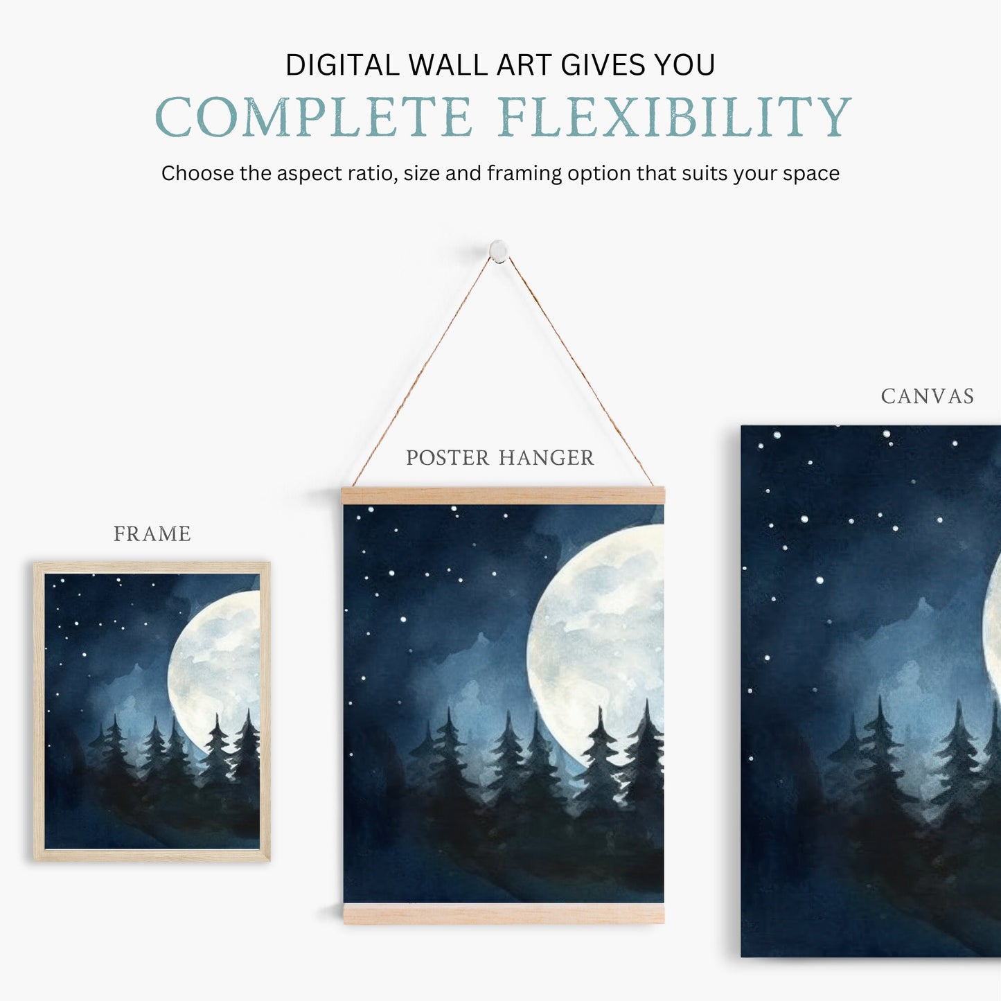 Full Moon Print, Forest Landscape Painting, Vintage Forest & Full Moon Wall Decor, Tranquil Art Print, Digital Printable Art, Set of Two