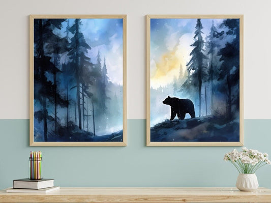 Bear Wall Art, Forest Landscape Print, Watercolor Forest Painting, Forest Wall Art, Bear Nursery Art, Bear in Woods, Digital Printable Art