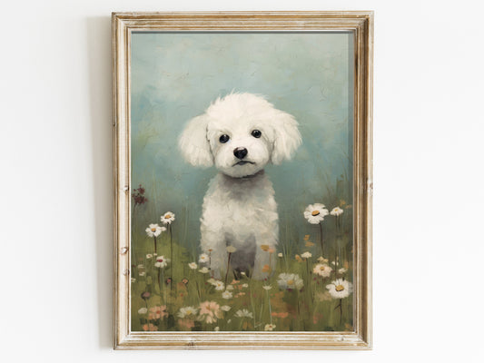 Bichon Art, Bichon Frisé Decor, Vintage Dog Print, Dog Lovers Wall Art, Bichon Owner Gift, Dog and Flower Art Print, DIGITAL Dog Decor