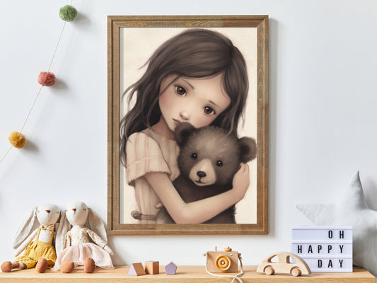 Cute Girls Room Decor, Vintage Nursery Art, Girl's Room Print, Little Girl and Baby Bear, Woodland Girly Bedroom Art,Printable Girl Wall Art