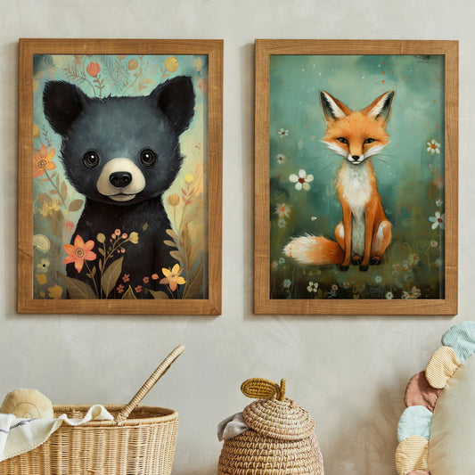 Woodland Animals Prints, Set of 2, Forest Animal Art, Bear Wall Art, Fox Nursery Wall Decor, Rustic Printable Baby Room Decor Neutral