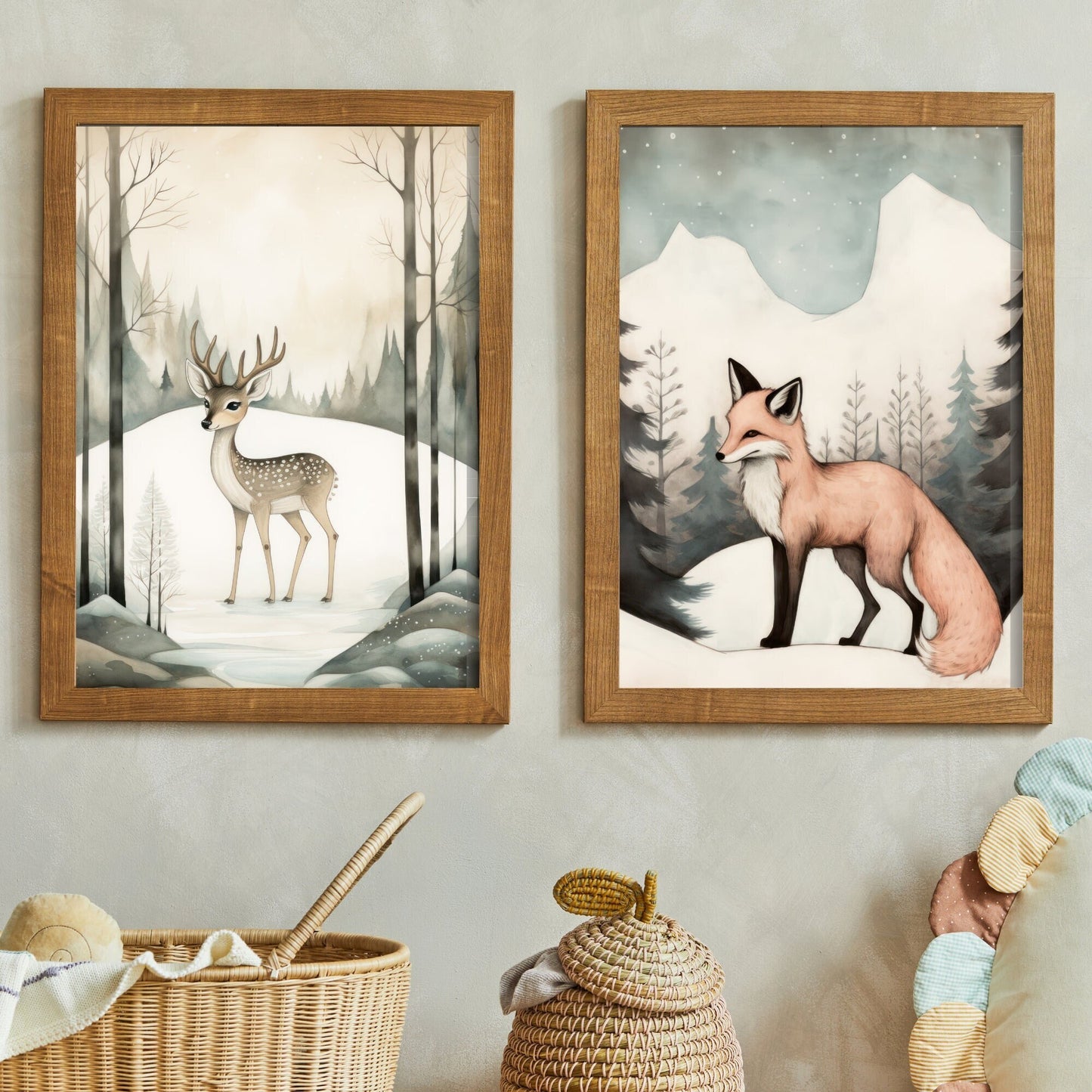 Woodland Animal Prints Set of 2, Deer Fawn and Fox Kit, Fox Nursery Decor, Forest Animals, Baby Animal Art, Fox Print, PRINTABLE Nursery Art