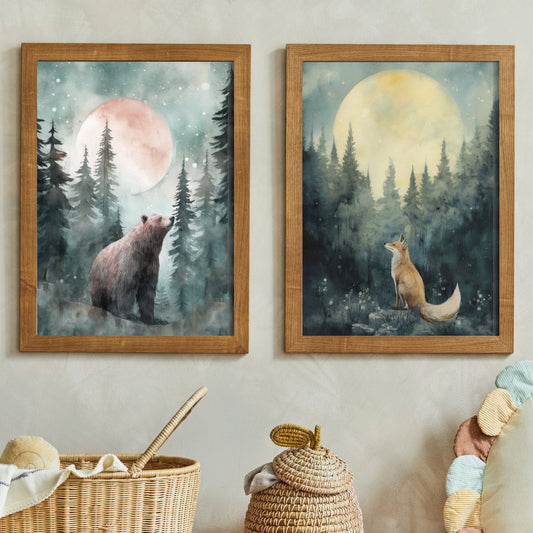 Woodland Animals, Forest Animal Wall Art, Bear & Fox Watercolor Landscape Decor, Nursery Animal Print, Kids Room Animal Decor, Bear Wall Art