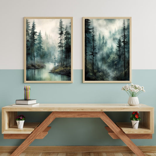 Watercolor Forest Art, Watercolor Landscape Painting, Set of 2, Moody Wall Decor, Vintage Nature Print, Green Digital Printable Art