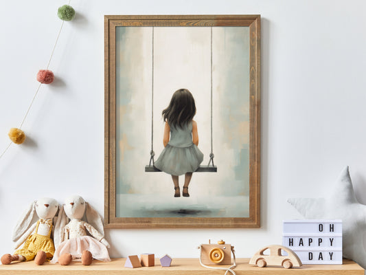 Vintage Nursery Art, Little Girl on Swing, Kids Room Art, Rustic Nursery Decor Girl Room, Digital Printable Girl's Bedroom Wall Art