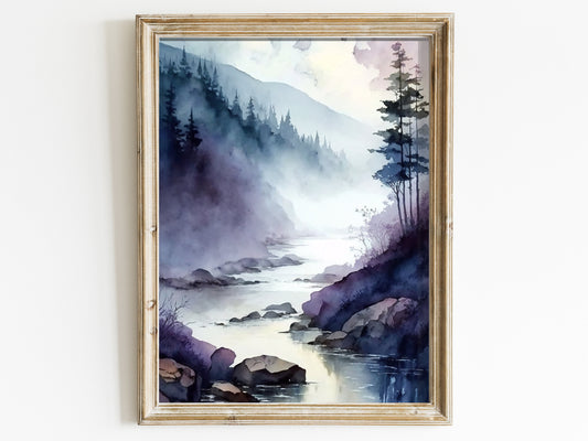 Watercolor Landscape Print, Purple Wall Decor, Printable Forest Art, Moody River Wall Art, Tranquil Painting, Digital Nature Decor