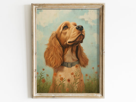 Cocker Spaniel Wall Art - Printable Art - Vintage Dog Portrait Amidst Flowers - Yellow Coat Elegance - Distressed Wall Decor -