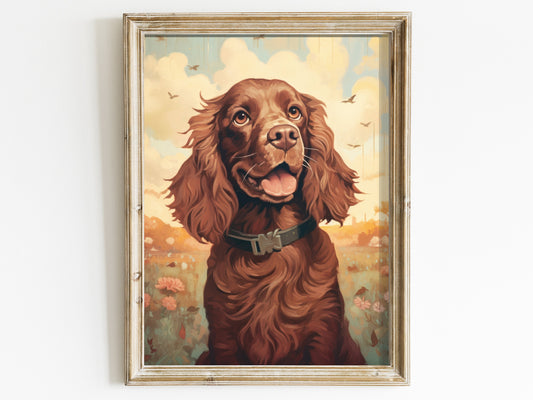 Vintage Cocker Spaniel Art, Spaniel Painting, Dogs and Flowers, Happy Dog Print, Dog Lover's Gift, Dog Decor, Digital Printable Dog Art