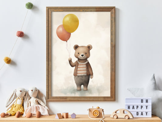 Bear with Balloons Print, Vintage Teddy Bear Nursery Decor, Animal Baby Room Decor, Nursery Bear Nursery Print, Rustic Printable Nursery Art