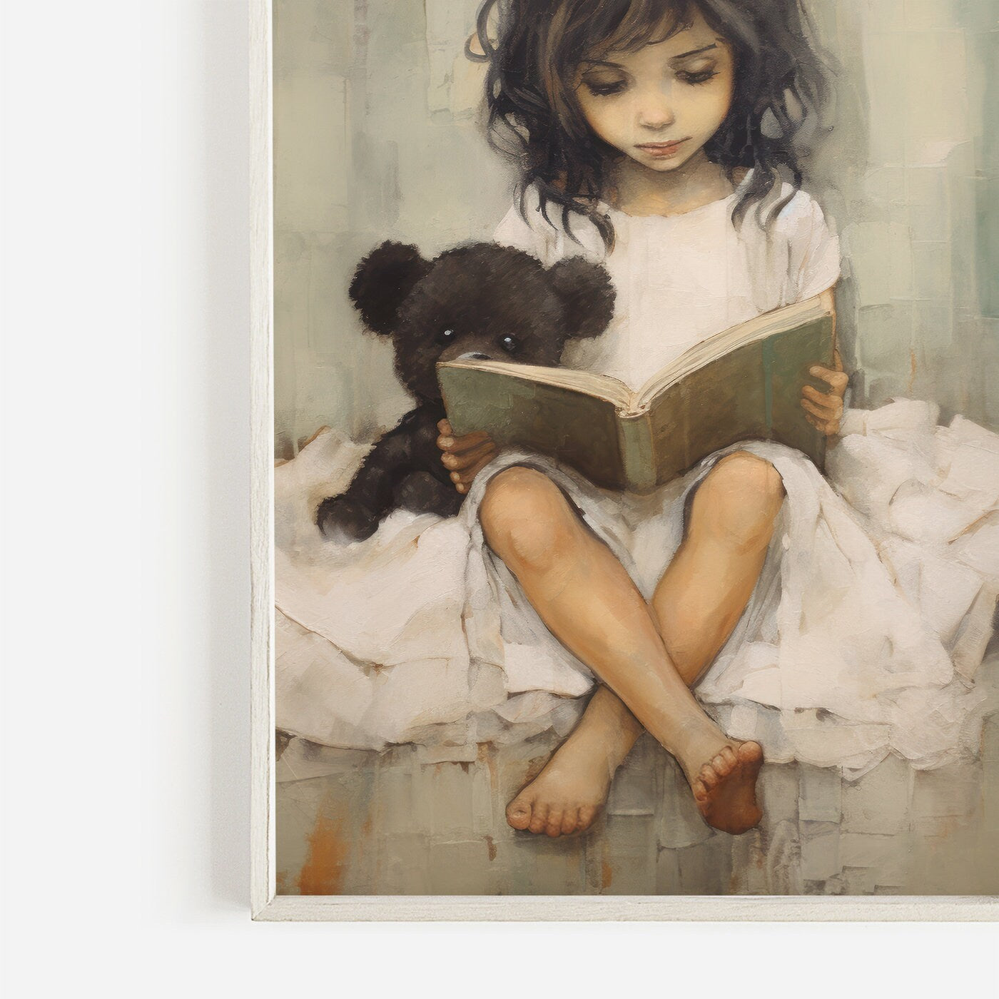 Printable Kids Study Room or Reading Corner Decor, Study & Reading Nursery Art, Girl and Teddy Bear Reading a Book in Bed, DIGITAL Art