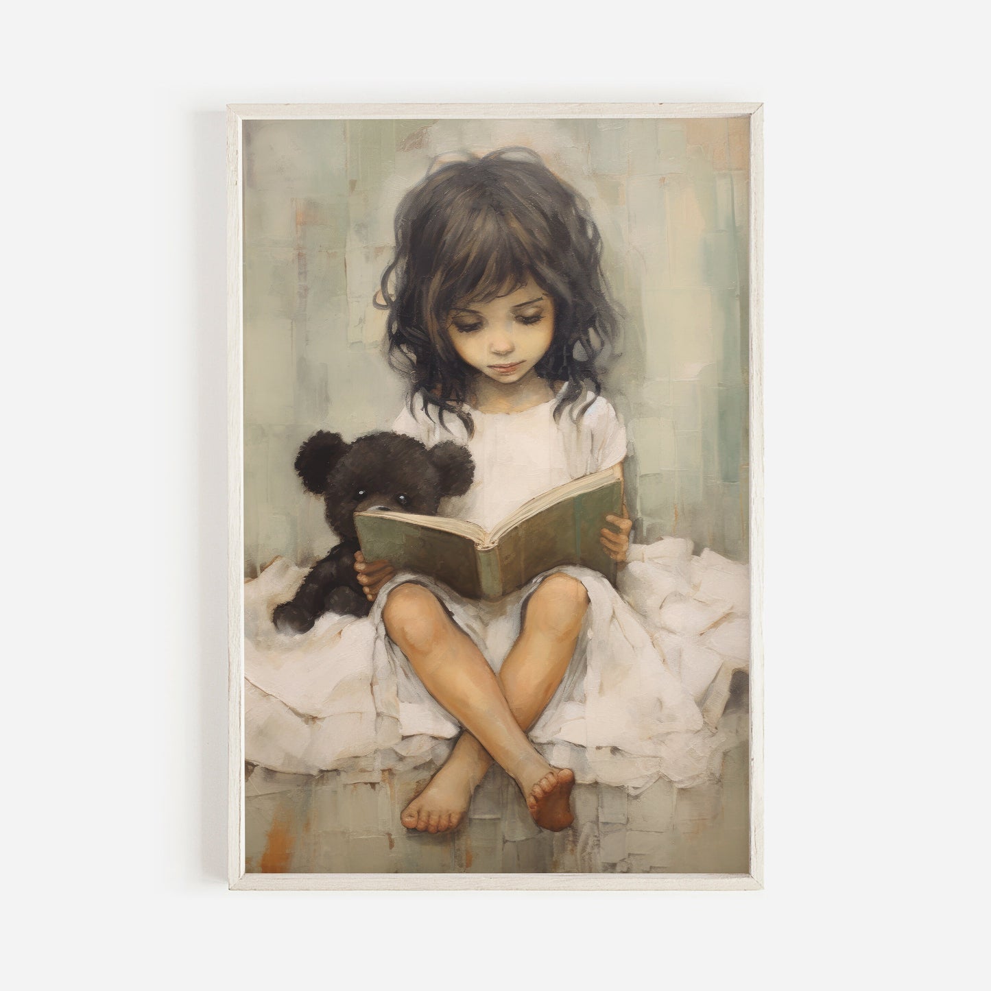 Printable Kids Study Room or Reading Corner Decor, Study & Reading Nursery Art, Girl and Teddy Bear Reading a Book in Bed, DIGITAL Art