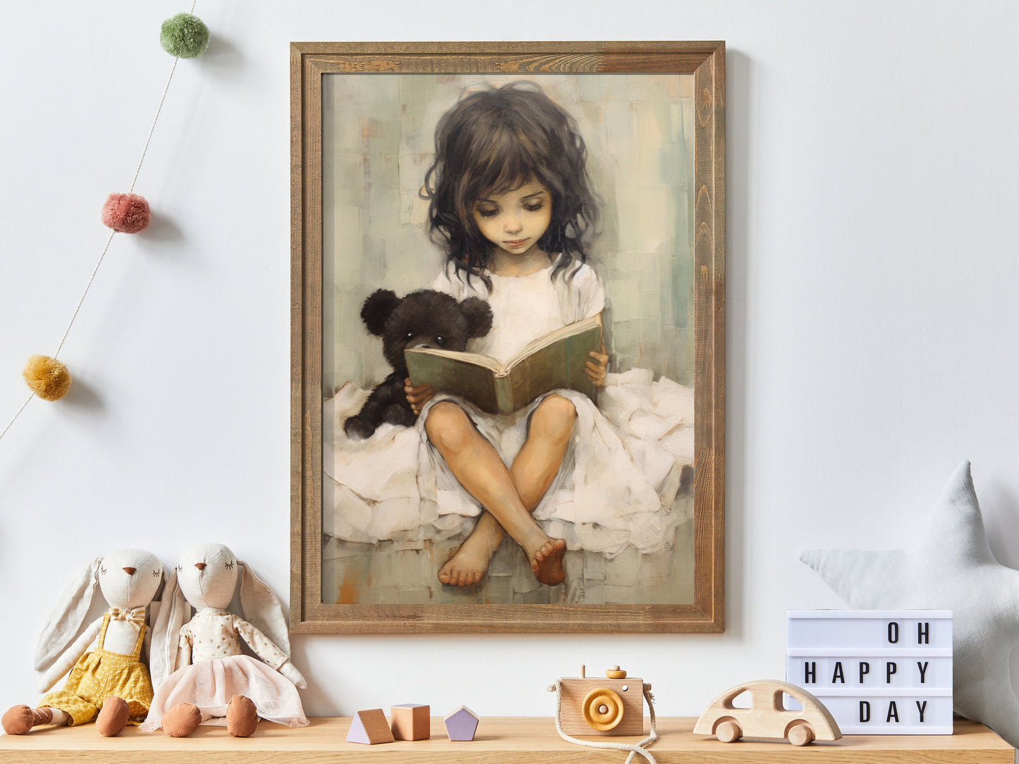 Printable Kids Study Room or Reading Corner Decor, Study & Reading Nursery Art, Girl and Teddy Bear Reading a Book in Bed, DIGITAL Art