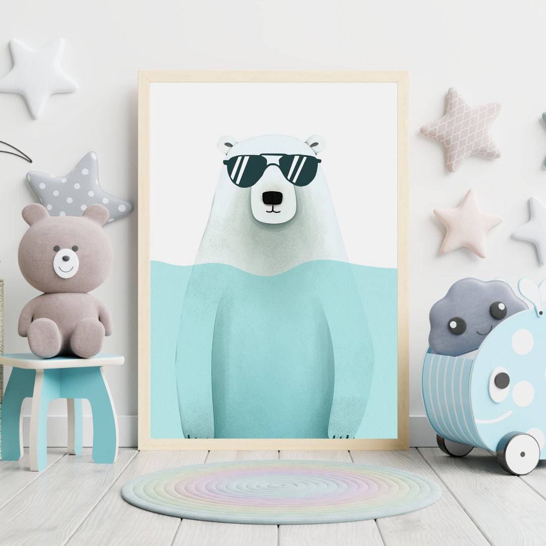 Bathing Animals, Bear in Glasses, Polar Bear Wall Art, Animal Nursery Print, Cool Boy's Room Decor, Woodland Animals, Bathroom Print