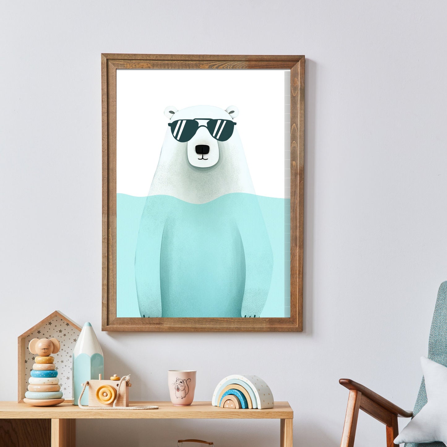 Bathing Animals, Bear in Glasses, Polar Bear Wall Art, Animal Nursery Print, Cool Boy's Room Decor, Woodland Animals, Bathroom Print