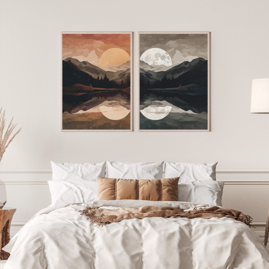 Sunset Wall Art, Night and Day Prints, Set of 2, Sun & Moon Art, Mountain Lake Landscape, Set of 2, Moonrise Painting, DIGITAL Printable Art