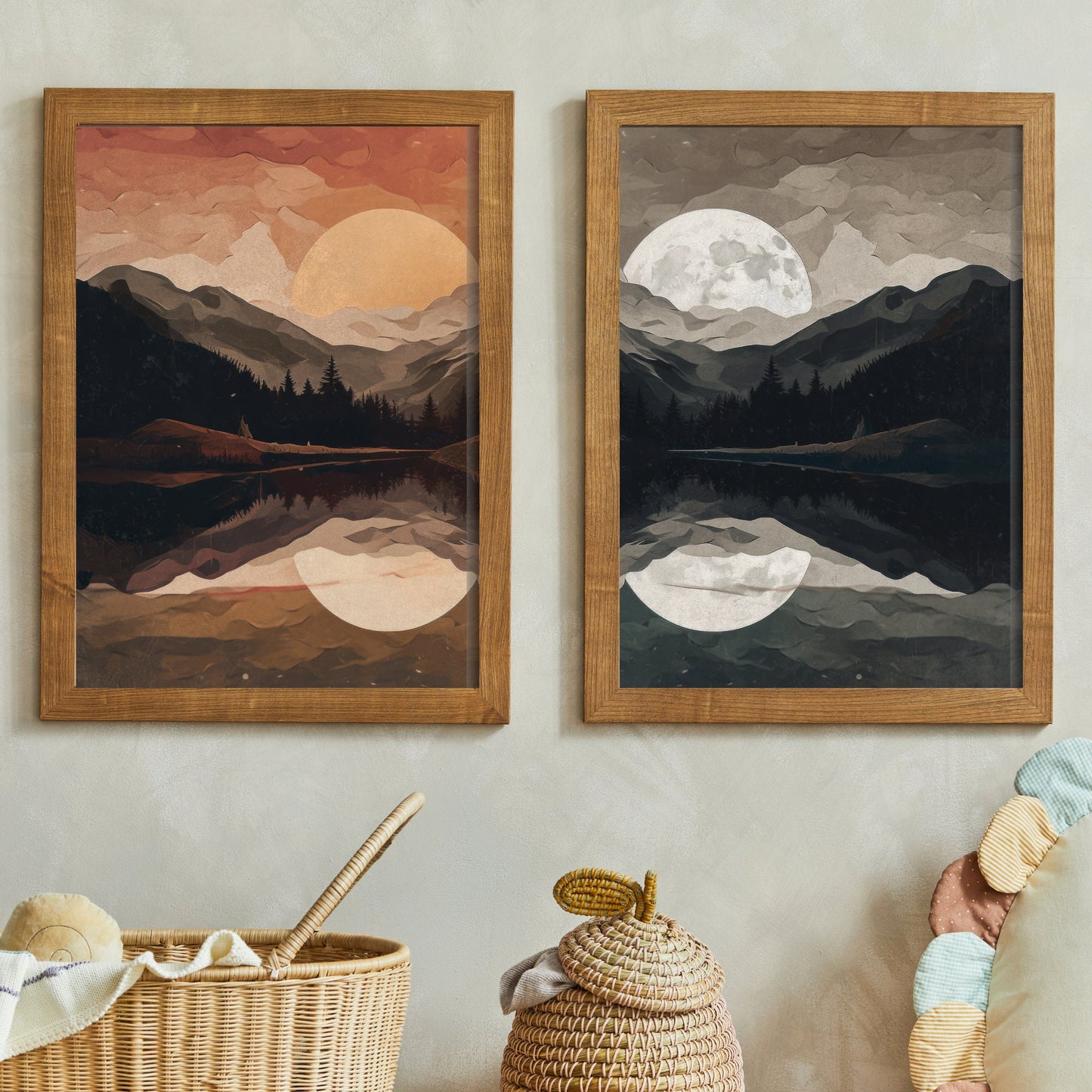 Sunset Wall Art, Night and Day Prints, Set of 2, Sun & Moon Art, Mountain Lake Landscape, Set of 2, Moonrise Painting, DIGITAL Printable Art