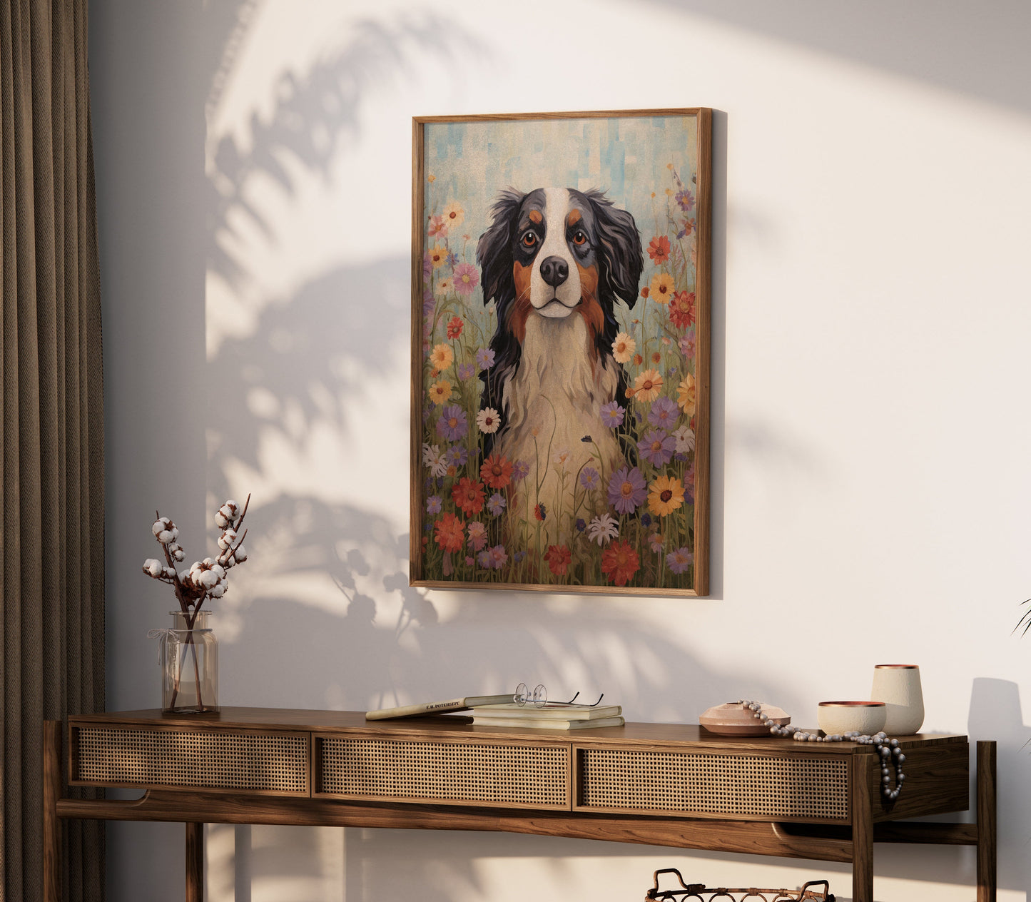 Bernese Mountain Dog Art, Vintage Dog Portrait, Dogs and Flowers, Cute Dog Decor, Berner Sennen Dog Print, Digital Printable Dog Artwork