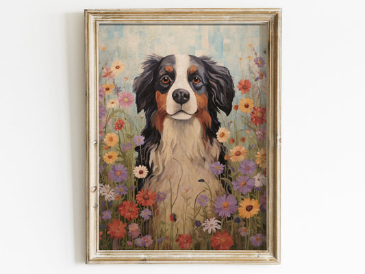 Bernese Mountain Dog Art, Vintage Dog Portrait, Dogs and Flowers, Cute Dog Decor, Berner Sennen Dog Print, Digital Printable Dog Artwork