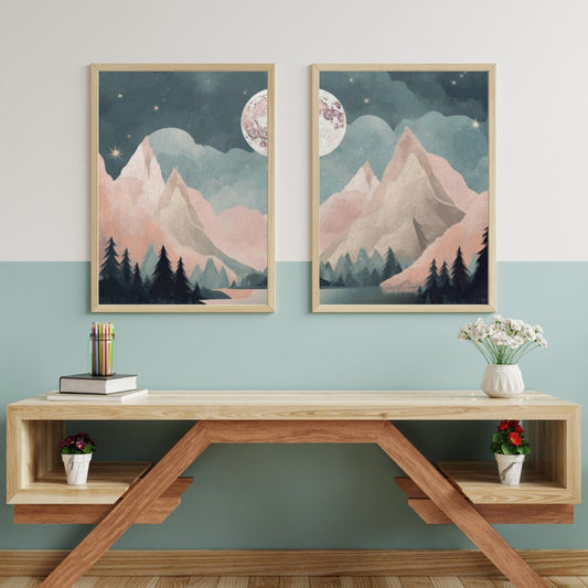 Vintage Mountain and Forest Landscape - Set of 2 - Printable Boho-inspired Digital Wall Art - Teal & Pink Color Full Moon Print