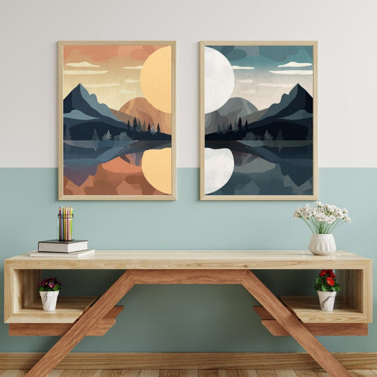 Day & Night - Sun and Moon Landscape Wall Art - Set of 2 - Vintage Printable Art - Boho Chic Wall Décor