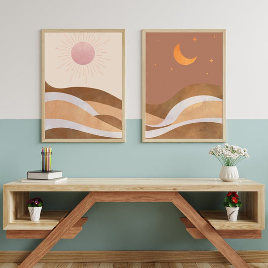 Boho Landscape Art, DIGITAL Sun and Moon Decor, Set of 2 ,Mountain Landscape Print, Muted Earthy Colored Celestial Printable Art