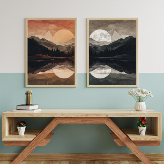 Sunset Wall Art, Night and Day Prints, Set of 2, Sun & Moon Art, Mountain Lake Landscape, Set of 2, Moonrise Painting, DIGITAL Printable Art