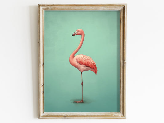 Vintage Flamingo Decor, Digital Minimalist Art, Teal and Pink Bird Print, Vintage Style Poster, Colorful Printable Animal Wall Art