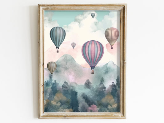 Vintage Hot Air Balloon Decor, DIGITAL Nursery or Living Room Wall Art, Nostalgic Vintage Pastel Wall Art, Forest Landscape Print