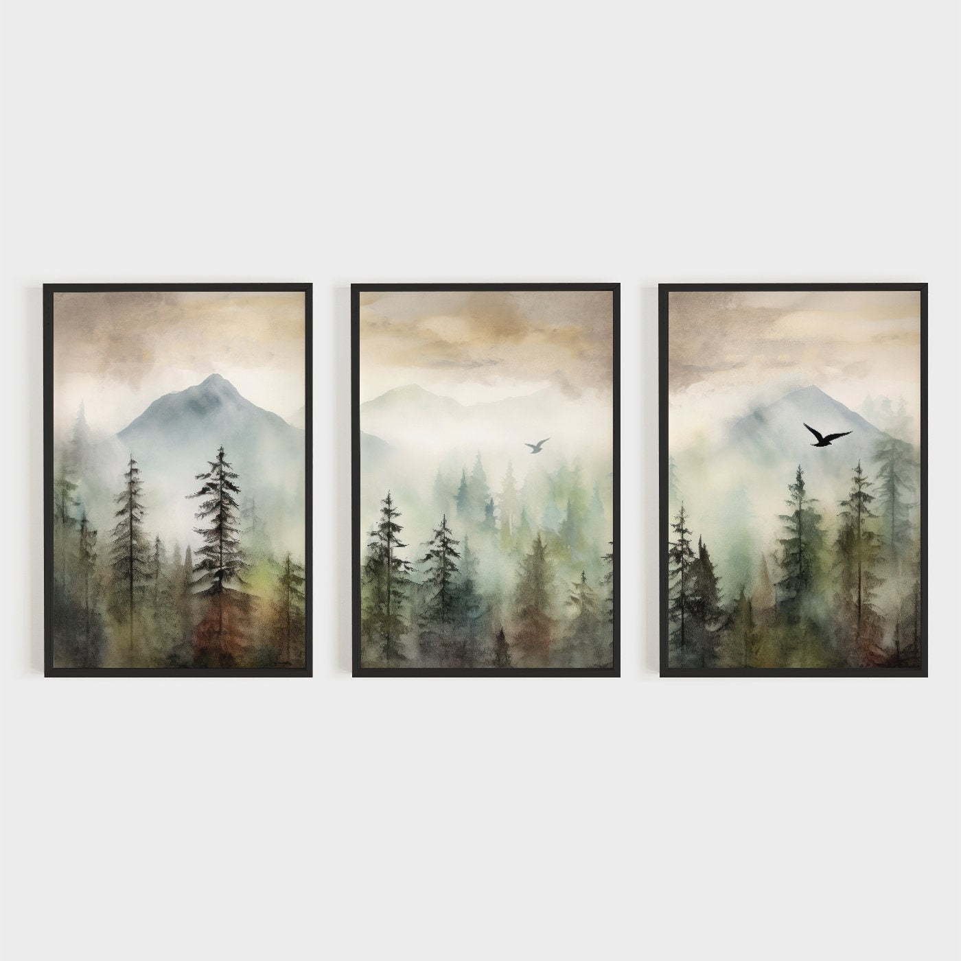 Watercolor Forest and Misty Mountain Landscape, Moody Wall Art, Watercolor Bedroom or Living Room Decor, Set of 3, Digital Printable Art