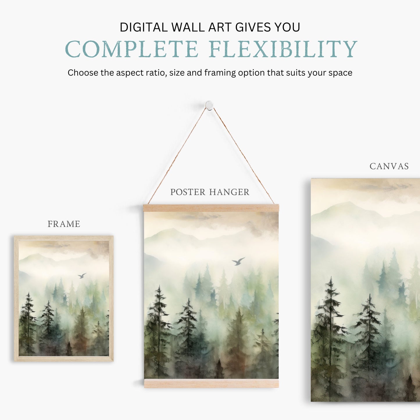 Watercolor Forest and Misty Mountain Landscape, Moody Wall Art, Watercolor Bedroom or Living Room Decor, Set of 3, Digital Printable Art