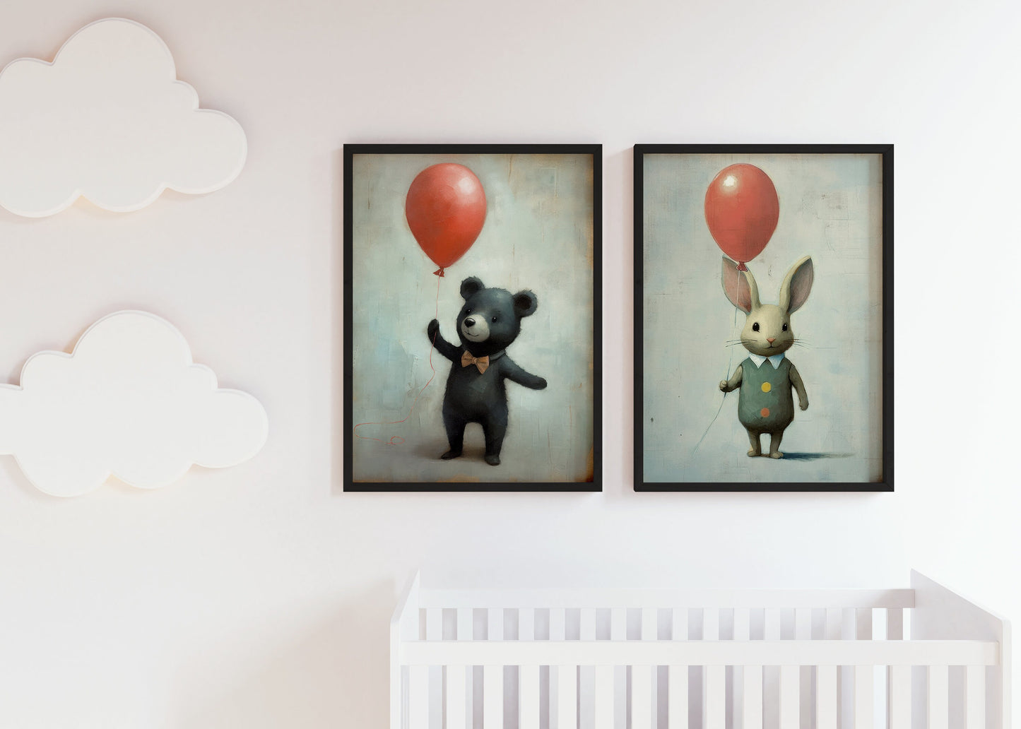 Rustic Nursery Decor, Baby Room Decor, Bunny and Bear Holding Balloons, Animal Nursery Art, Cute Childs Room Decor, DIGITAL Printable Art