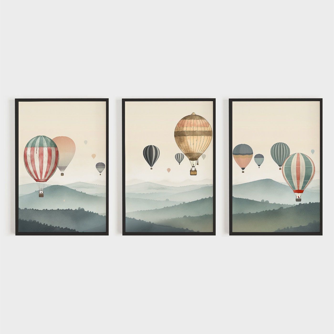 Hot Air Balloon Decor, Vintage Wall Art, Vintage Landscape Decor, Centerpiece, Landscape Print, Digital Printable Painting, 1950s