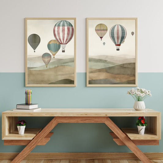 Vintage Hot Air Balloon Landscape Art, Set of Two, Countryside & Balloons Watercolor Painting, Digital Printable Wall Art