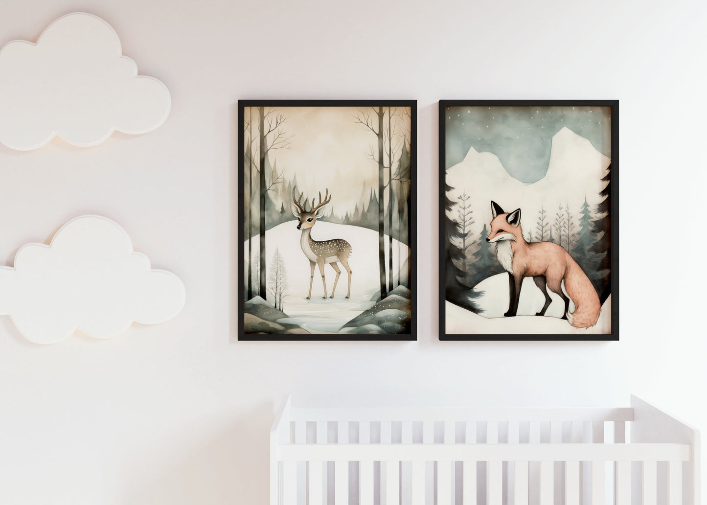 Woodland Animal Prints Set of 2, Deer Fawn and Fox Kit, Fox Nursery Decor, Forest Animals, Baby Animal Art, Fox Print, PRINTABLE Nursery Art