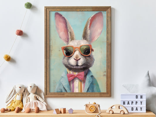 Bunny Wall Decor, Animals with Glasses, Vintage Animal Print, Rabbit Wall Art, Funny Nursery Wall Art, Woodland animals, Digital print