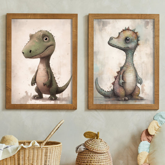 Dinosaur Nursery Wall Art, Adorable Vintage Dino Decor, Nursery or Kids Room Wall Art, Printable Digital Animal Wall Art, Set of 2