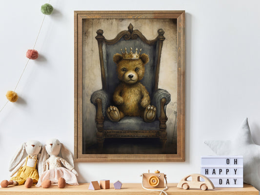 Vintage King Teddy Bear Nursery Print: Bear Sitting in a King’s Throne, Digital Printable Decor, A Regal Touch to Your Child's Room