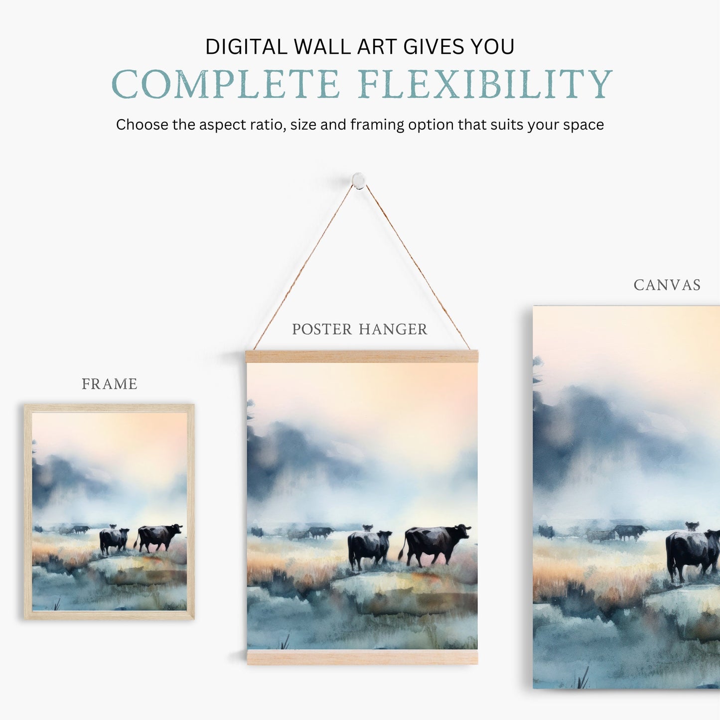 Cows Grazing at Sunset - Misty Landscape Watercolor Art, Set of Two, Digital Printable, Exquisite Countryside Charm and Farm Animal Wall Art