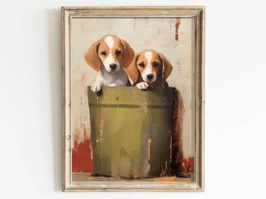 Vintage Beagle Puppies Printable Wall Art, High-Resolution Digital Print, Dog Lovers Decor, Distressed Rustic Style, Colorful Barrel Pups