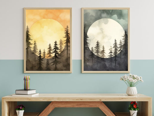 Day & Night Forest Wall Art, Watercolor Sun and Moon Print, Forest Landscape Art Prints, Nature Landscape Home Decor, Digital Printable Art