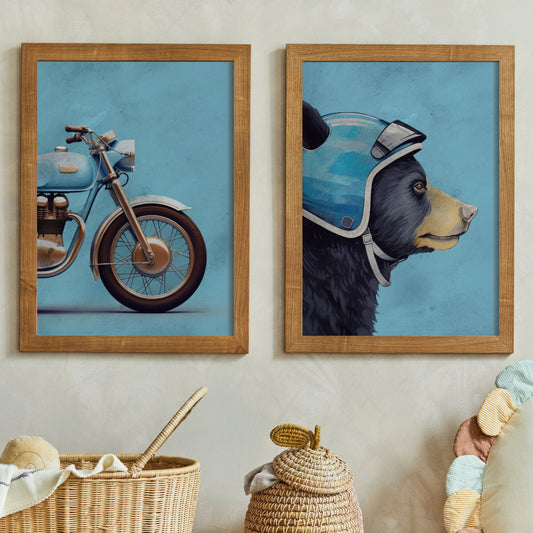 Boys Room Motorcycle Decor, Unique DIGITAL Vintage Style Prints for Little Boys, Cool Black Bear Biker,  Animal Kids Motorbike Bedroom Art