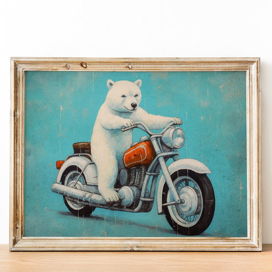 Cool Boys Room Decor, Animals Driving Vehicles, Polar Bear on Motorcycle, DIGITAL Bear Wall Art, Boys Bedroom Art, Digital Playroom Art