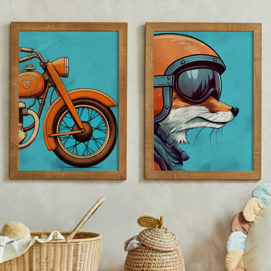 Cool Boys Room Prints, Digital Printable Vintage Wall Decor for Boy's Bedroom or Playroom, Fox Driving Motorbike, Vehicle Nursery Art