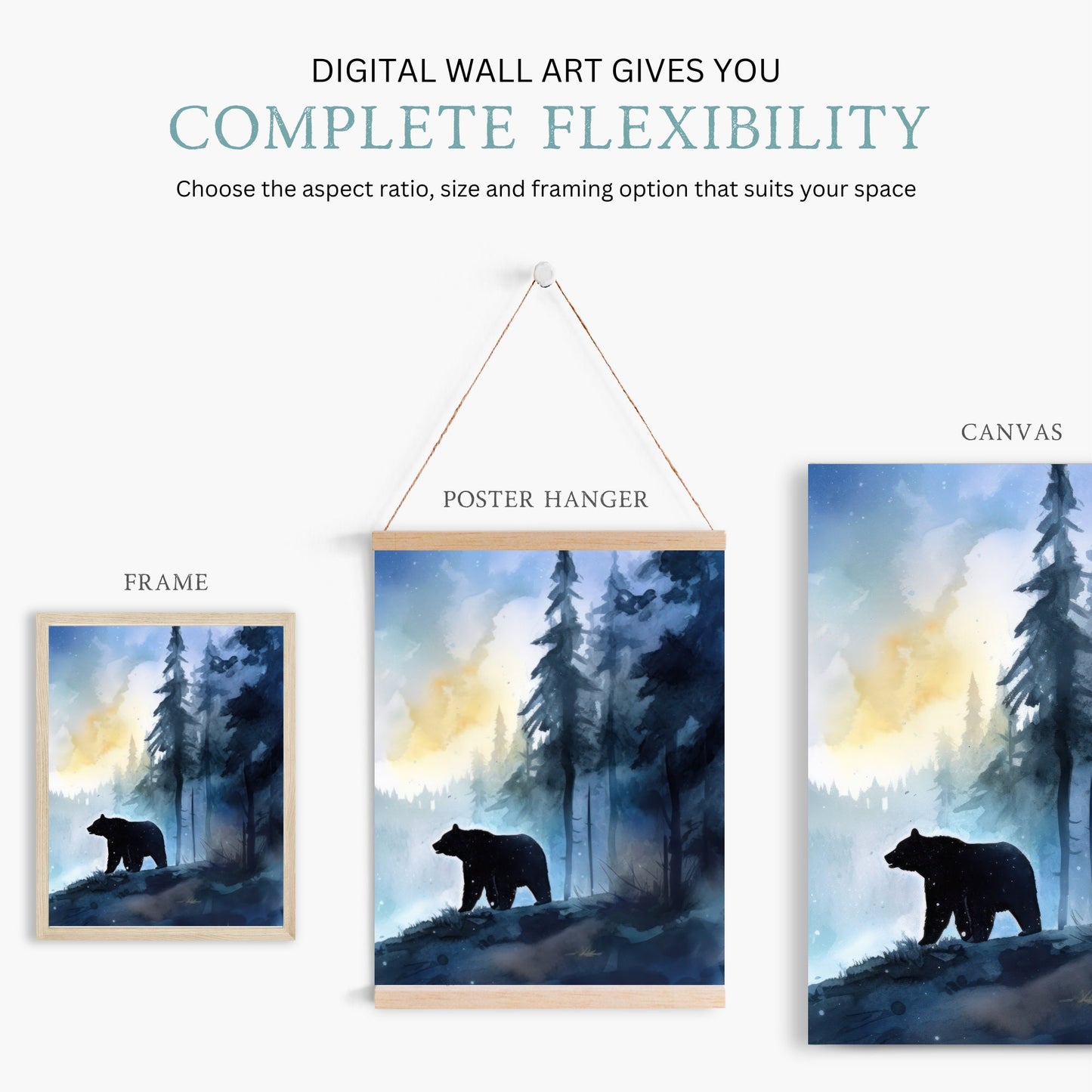 Bear Wall Art, Forest Landscape Print, Watercolor Forest Painting, Forest Wall Art, Bear Nursery Art, Bear in Woods, Digital Printable Art