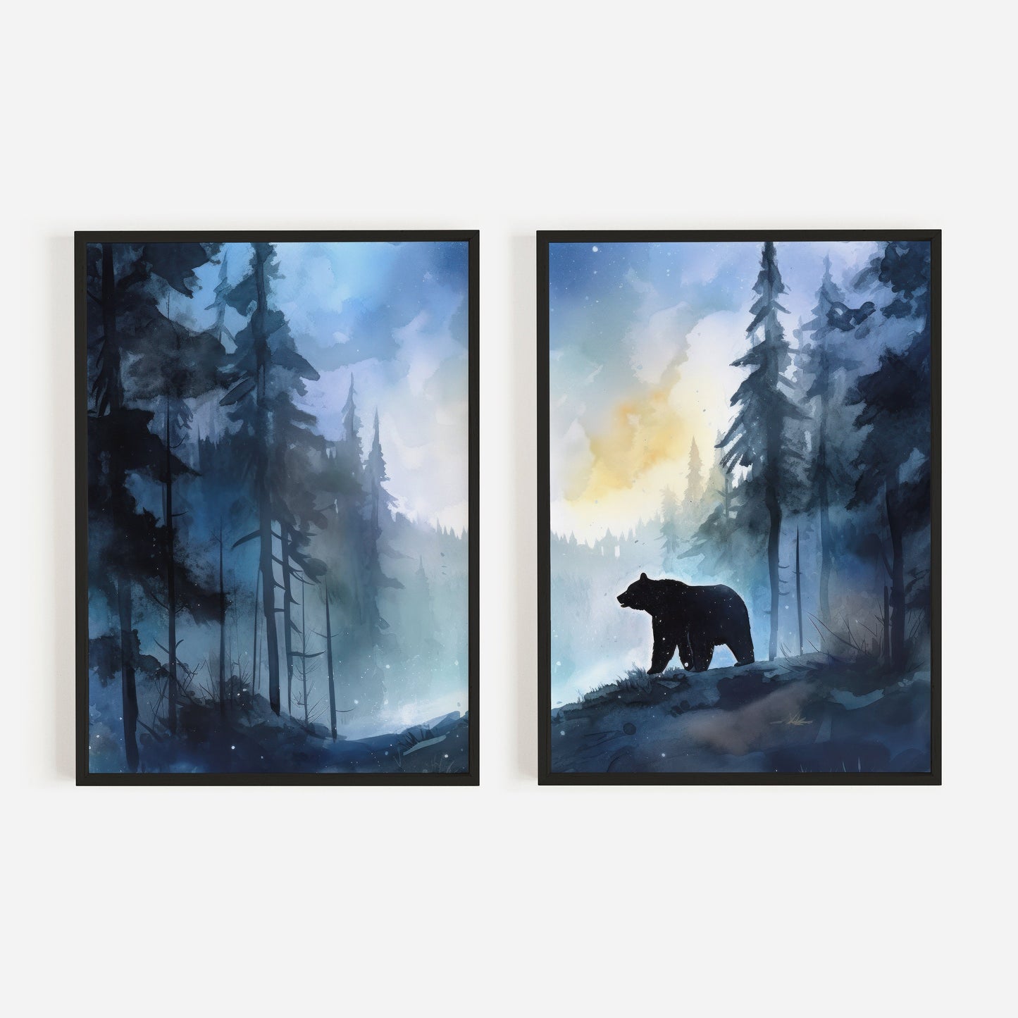 Bear Wall Art, Forest Landscape Print, Watercolor Forest Painting, Forest Wall Art, Bear Nursery Art, Bear in Woods, Digital Printable Art