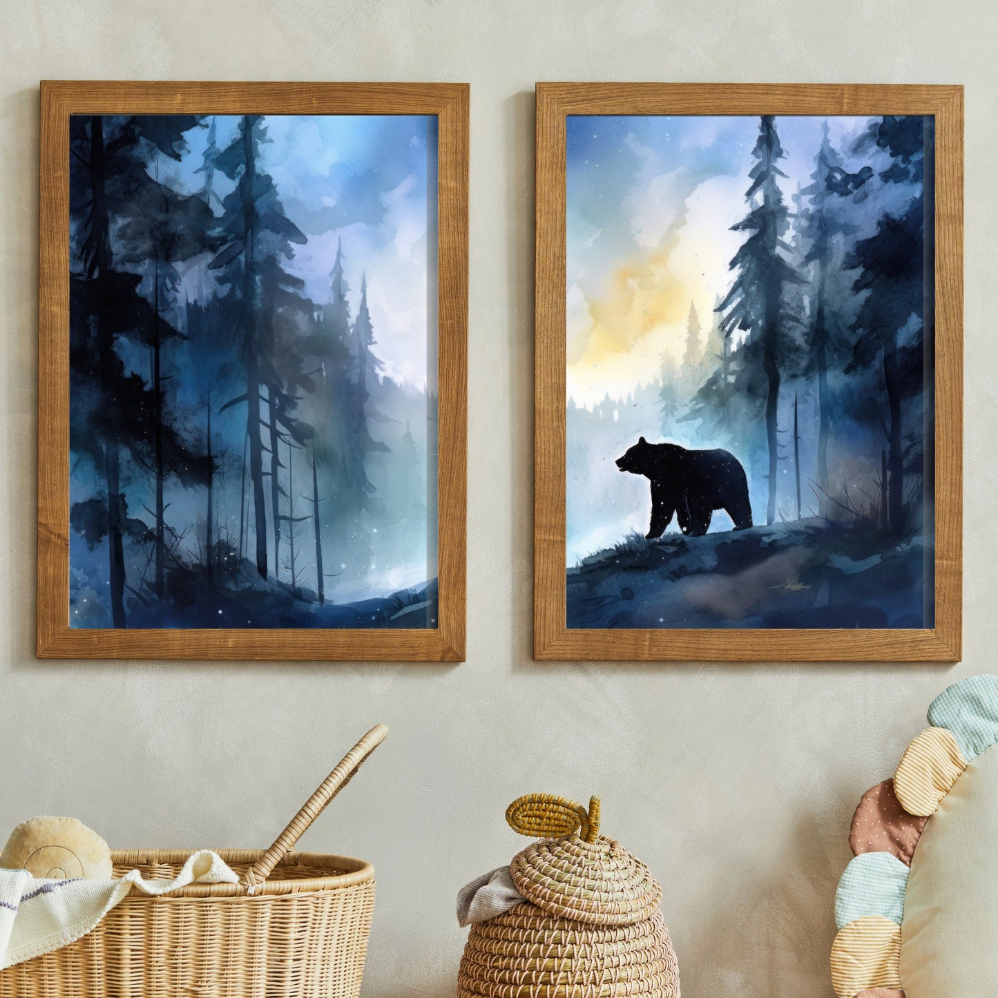 Bear Wall Art, Forest Landscape Print, Watercolor Forest Painting, Forest Wall Art, Bear Nursery Art, Bear in Woods, Digital Printable Art